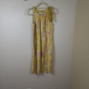 Bella Umbra 100% Linen Mustard Floral Sleeves Tie Neck Dress Size XS